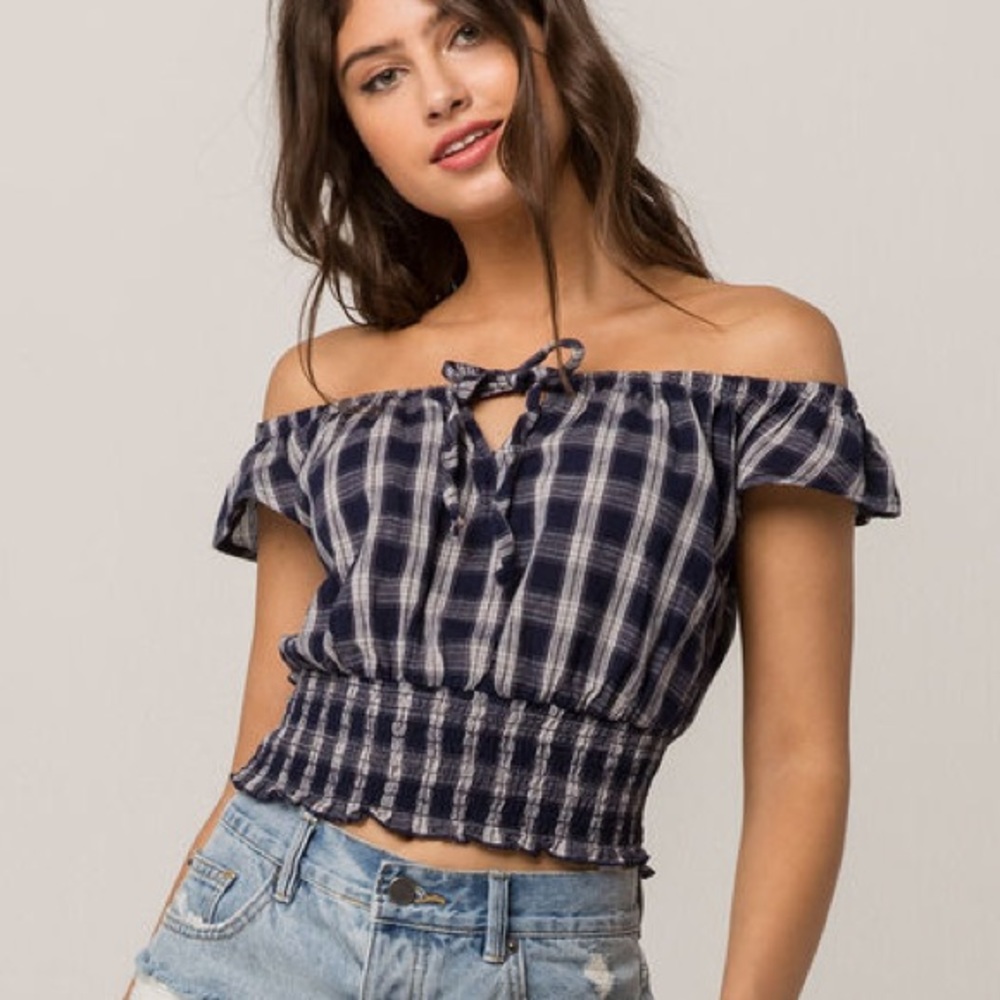 Ivy & Main Plaid off the Shoulder Top